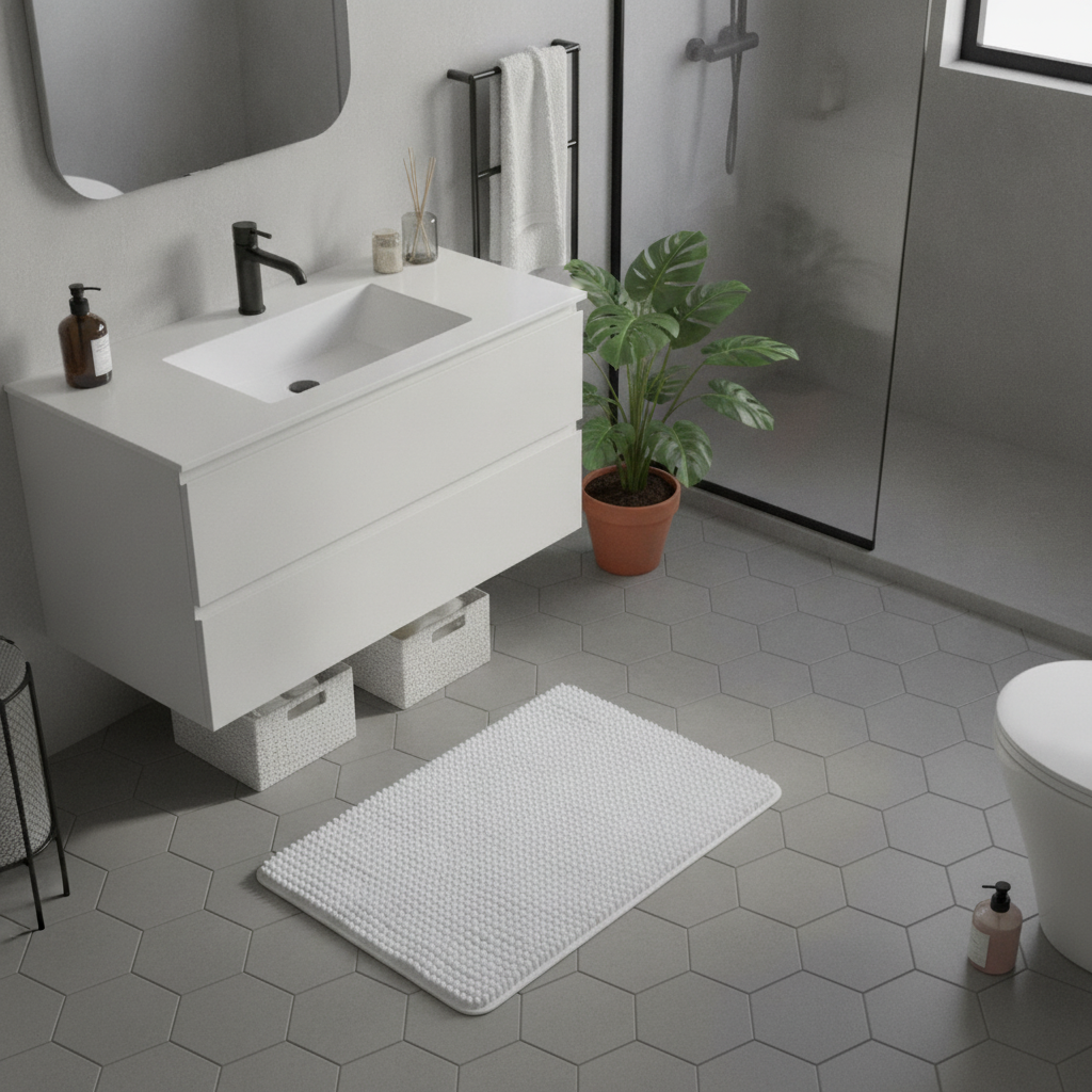 Caterpillar White Bath Mat - size comparison