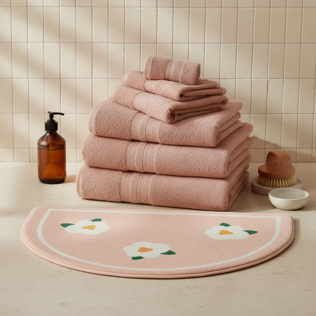 Beige White Bath Mat