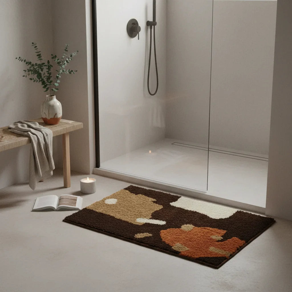 Tapis de Bain Épais Marron et Beige Abstrait Terre
