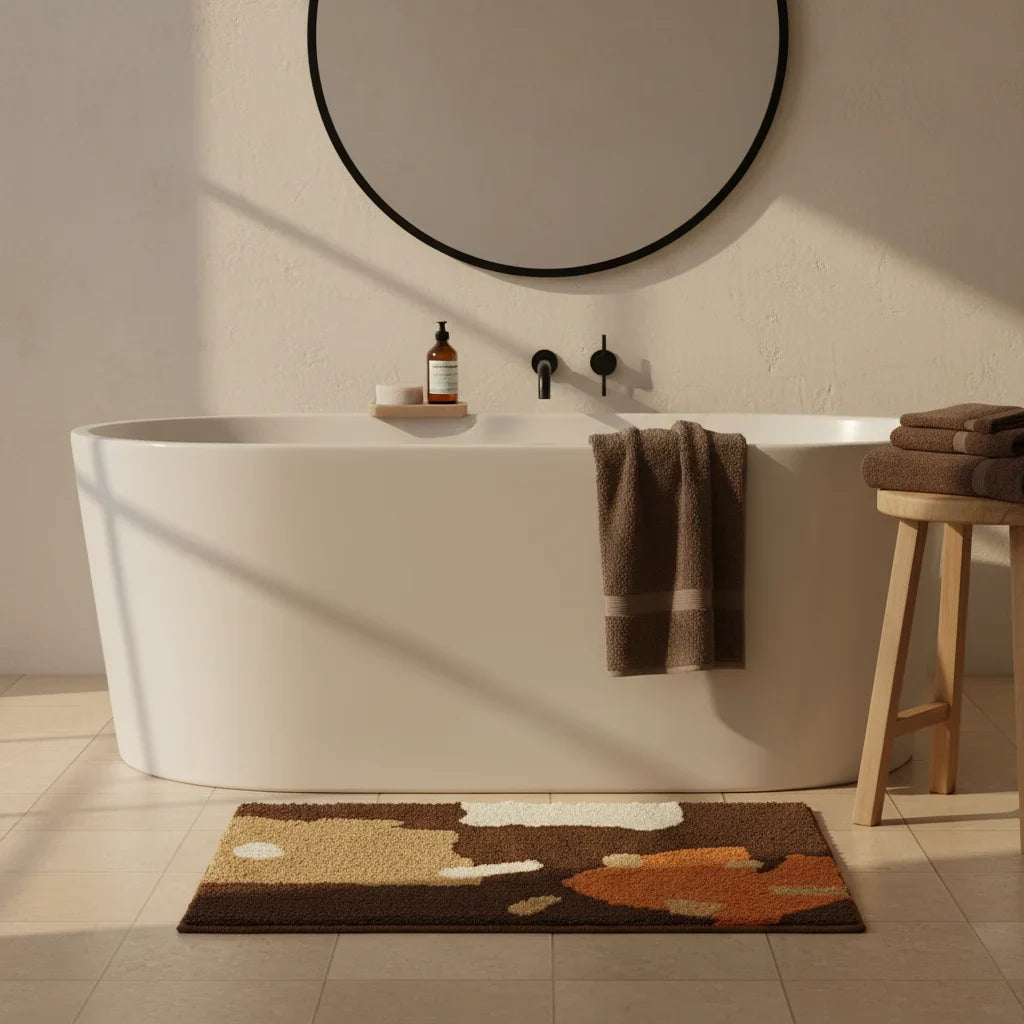 Tapis de Bain Épais Marron et Beige Abstrait Terre