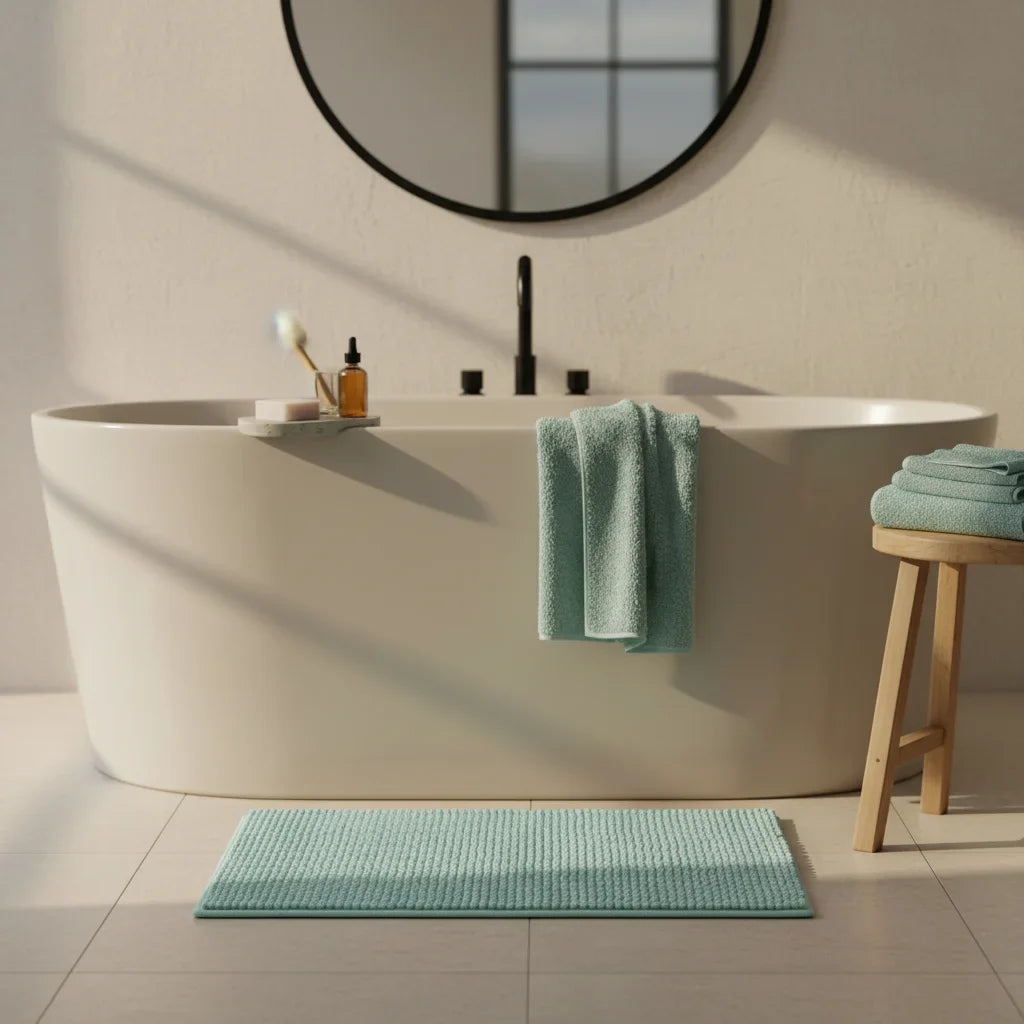 Turquoise Bath Mat - size comparison