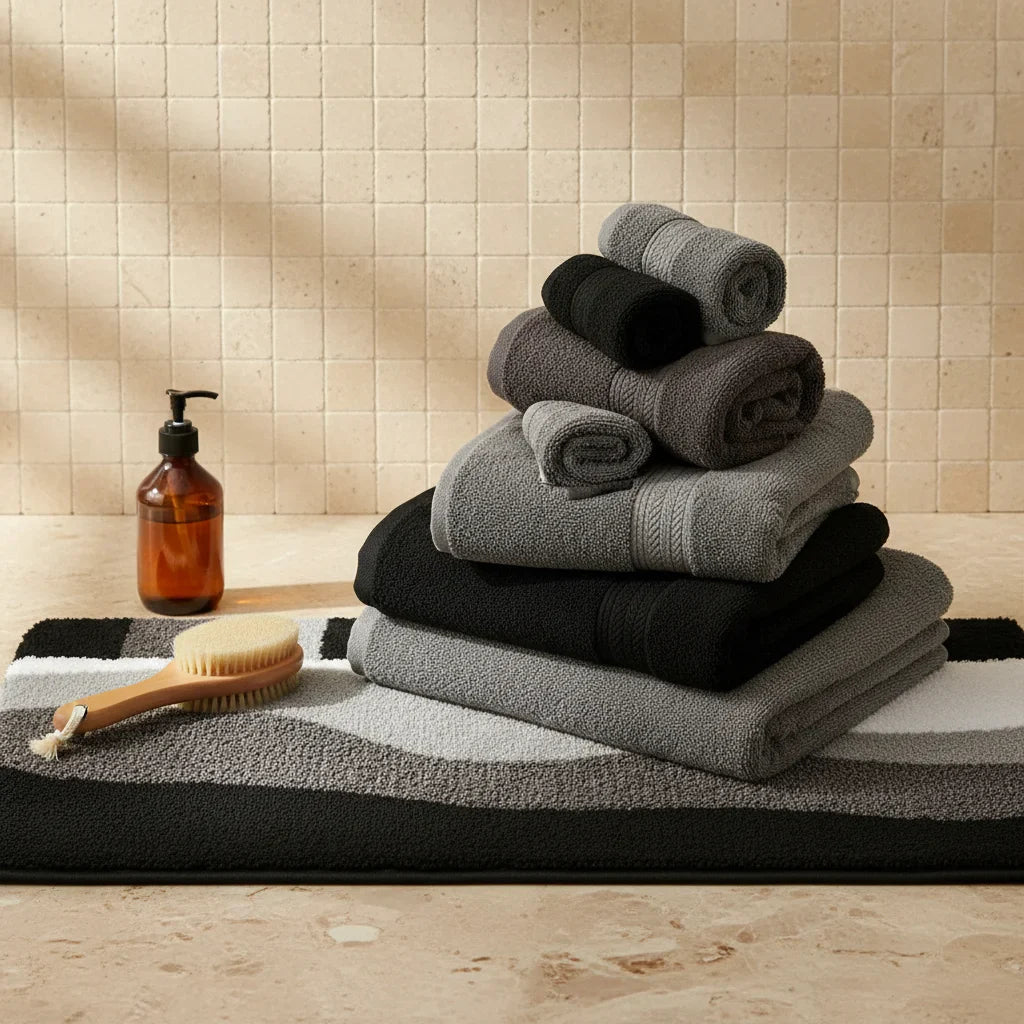 White Gray Black Bath Mat - close-up texture